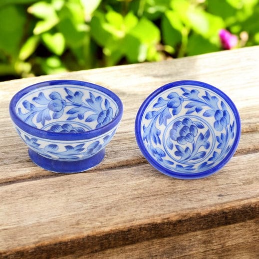 Handcrafted Round Blue Pottery BowlsSet of 2Floral Patterns6