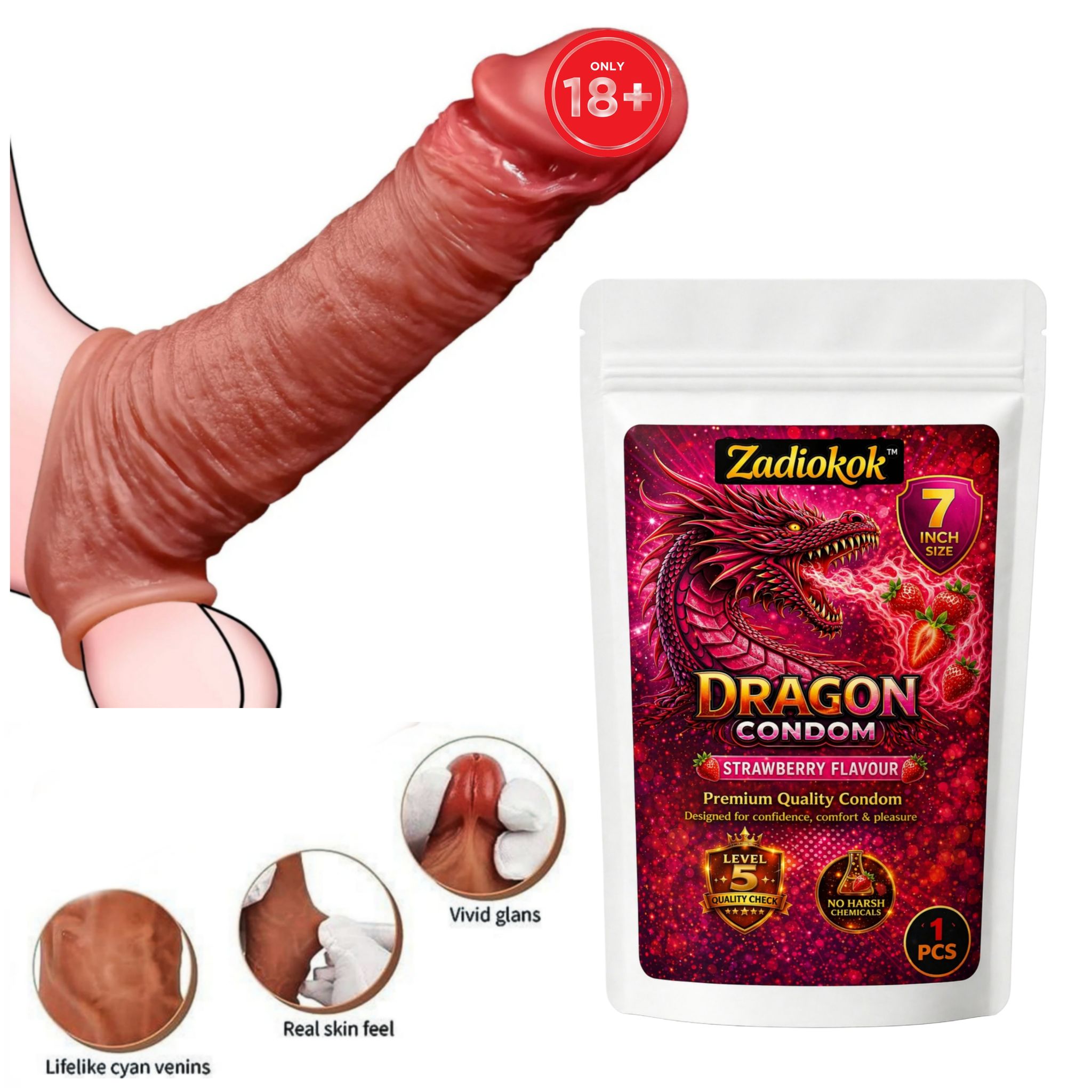Zadiokok 7 Inch Dragon Condom Reusable Strawberry Flavour, Intense Sensation Realistic Skin Feel & Safe Protection Comfortable Fit (1 Pc) Set