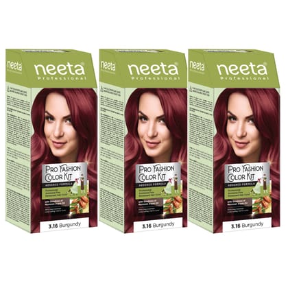 Neeta Professional Pro Fashion Color Kit 3.16 Burgundy 100g Pack of 3, Permanent Hair Color, Creme Hair Colour for Women & Men