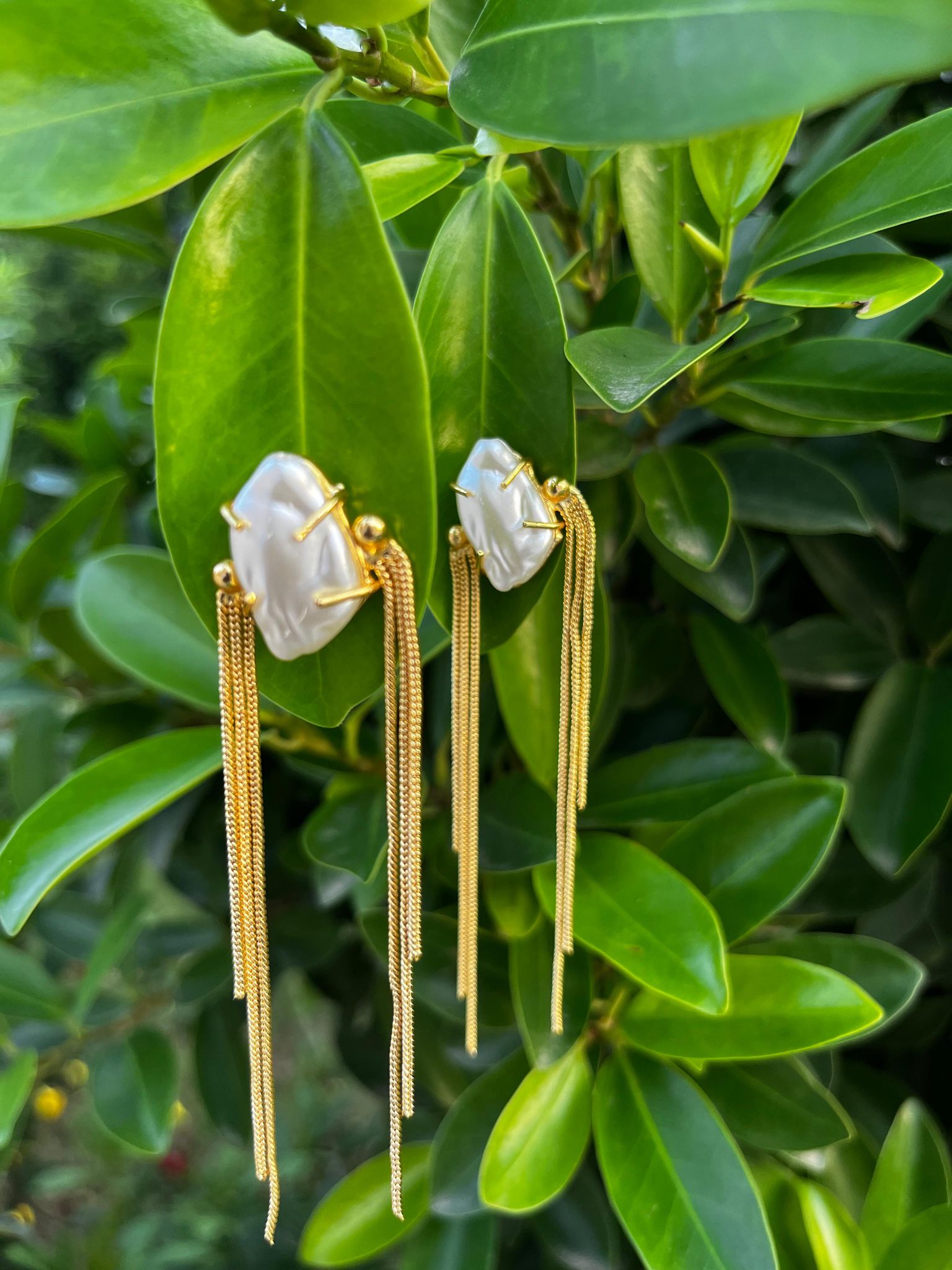 Pearl and Gold Chain Statement Earrings