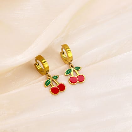 Red Fruits Dangle Hoops Earring for Women Girls Gold Plated Stainless Steel Chunky Fashion Strawberry Watermelon Cherry Fruit Statement Drop Dangling Huggie Hoops Hypoallergenic Jewelry