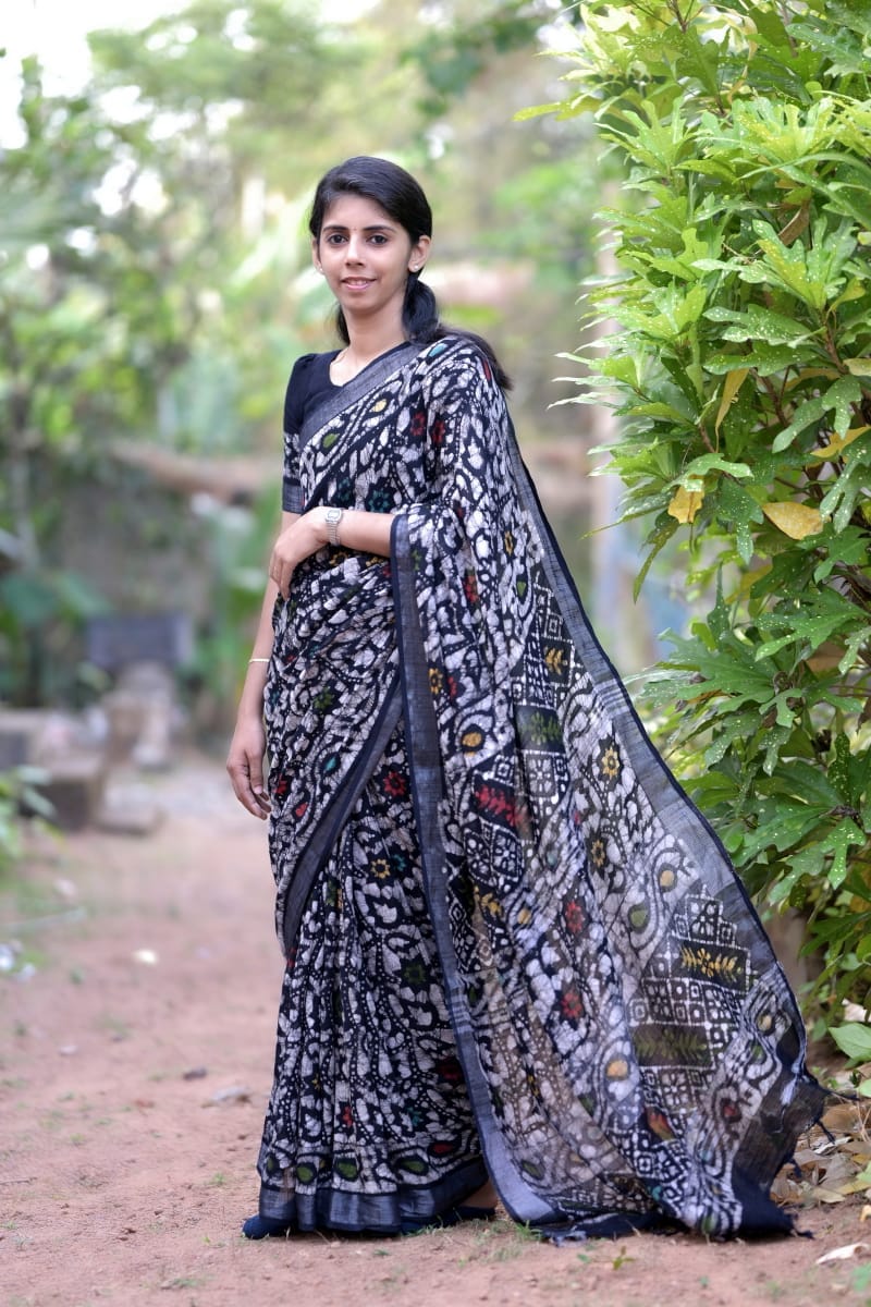 Black Multicolour Linen Saree