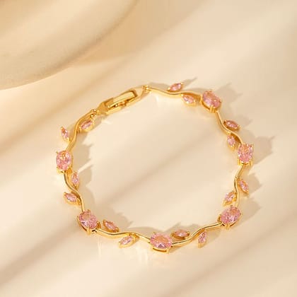 Gold Plated Tulip Pink Stone Bracelet for Women & Girls | Elegant Floral Link Bracelet | Lightweight Adjustable Bracelet for Daily Wear, Party & Gifting 