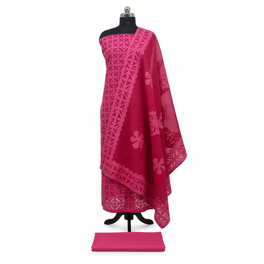 Premium Rajasthani Hand Appliqué Cut Work Pure Organdy Cotton 3-Piece Unstitched Suit Material Set