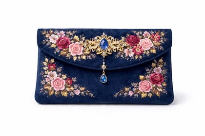 Navy Blue Embroidered Floral Velvet Evening Clutch with Jeweled Embellishment Navy Blue Embroidered Floral Velvet Evening Clutch with Jeweled Embellishment