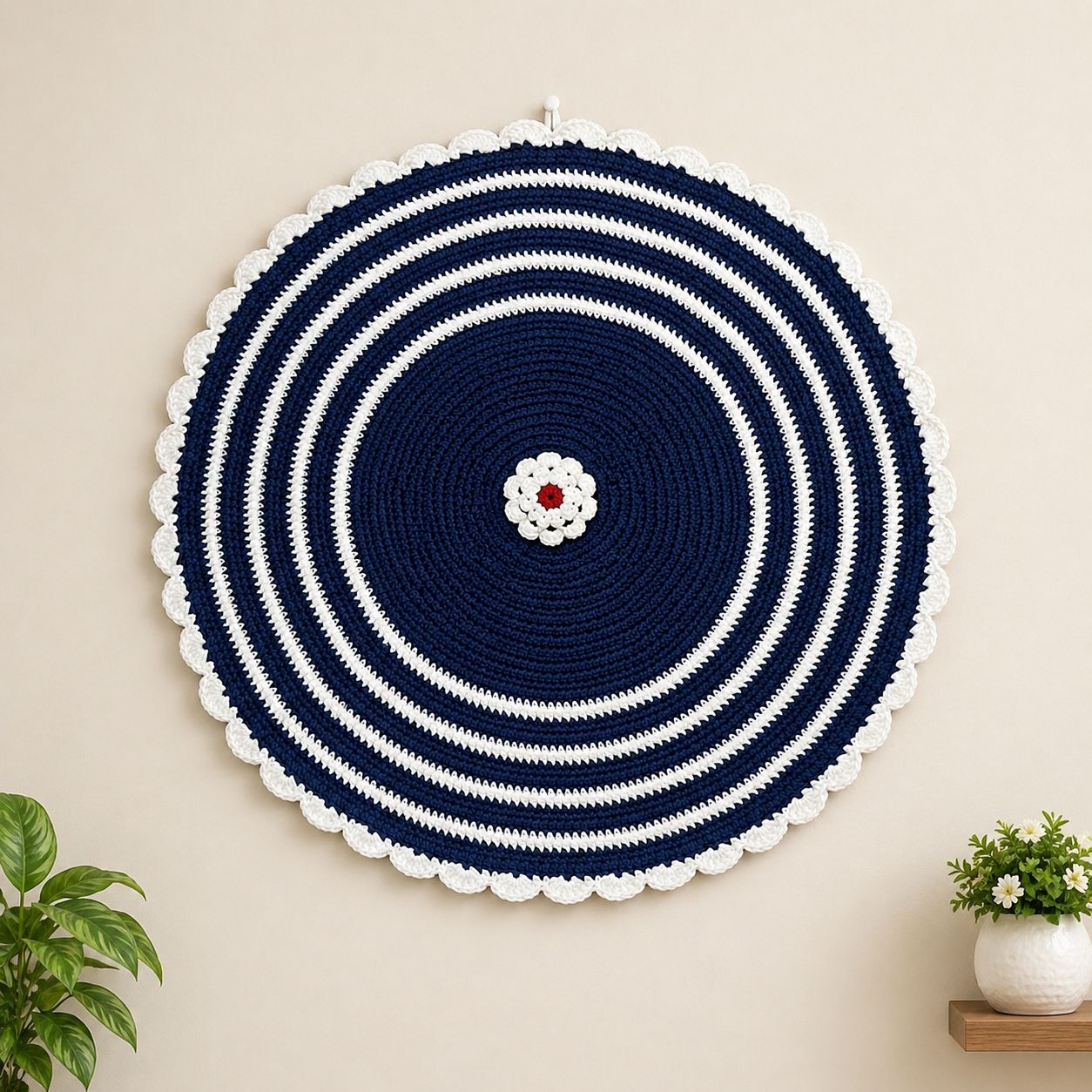 Handmade Circular Navy Blue and White Crochet Wall Hanging