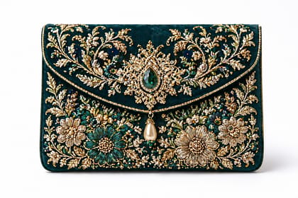 Embroidered Velvet Evening Clutch Bag with Gemstone Detail