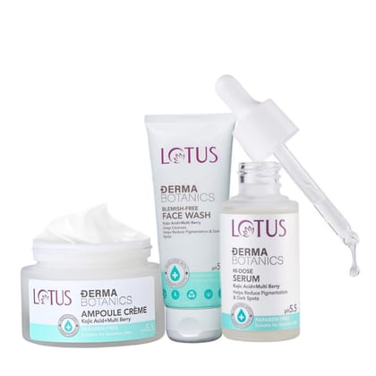 Lotus Dermabotanics Kojic Acid + Multi Berry Hi-Dose Serum(28ml) + Kojic Acid + Multi Berry Ampoule Face Cream(50gm) +Kojic Acid + Multi Berry Blemish-Free Face Wash(100gm) Pack of 3 Lotus Dermabotanics Kojic Acid + Multi Berry Hi-Dose Serum(28ml) + Kojic Acid + Multi Berry Ampoule Face Cream(50gm) +Kojic Acid + Multi Berry Blemish-Free Face Wash(100gm) Pack of 3