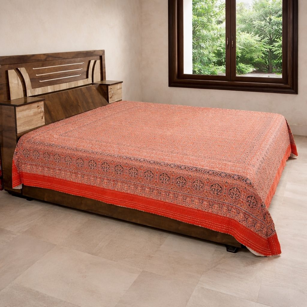 Traditional  Ajrakh Print Cotton Bedsheet with Authentic Handmade Kantha Work (90*108)