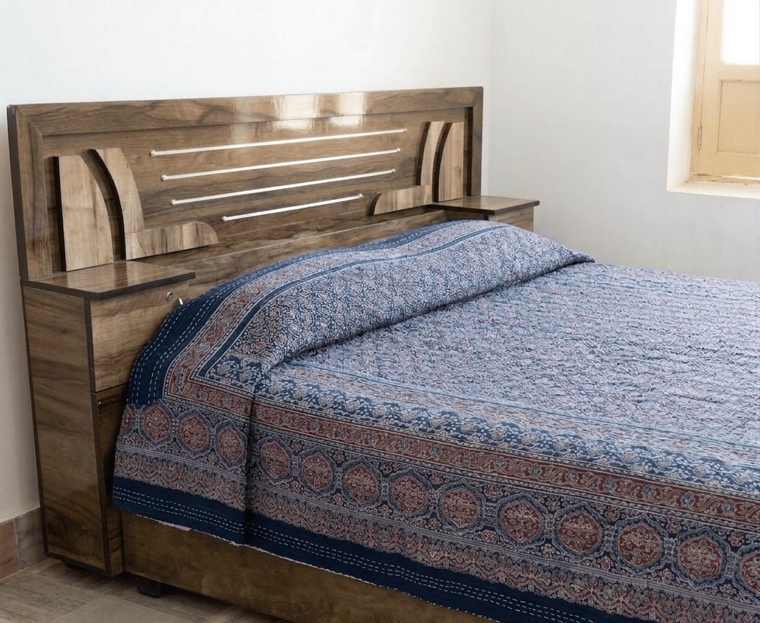  Traditional  Ajrakh Print Cotton Bedsheet with Authentic Handmade Kantha Work (90*108)