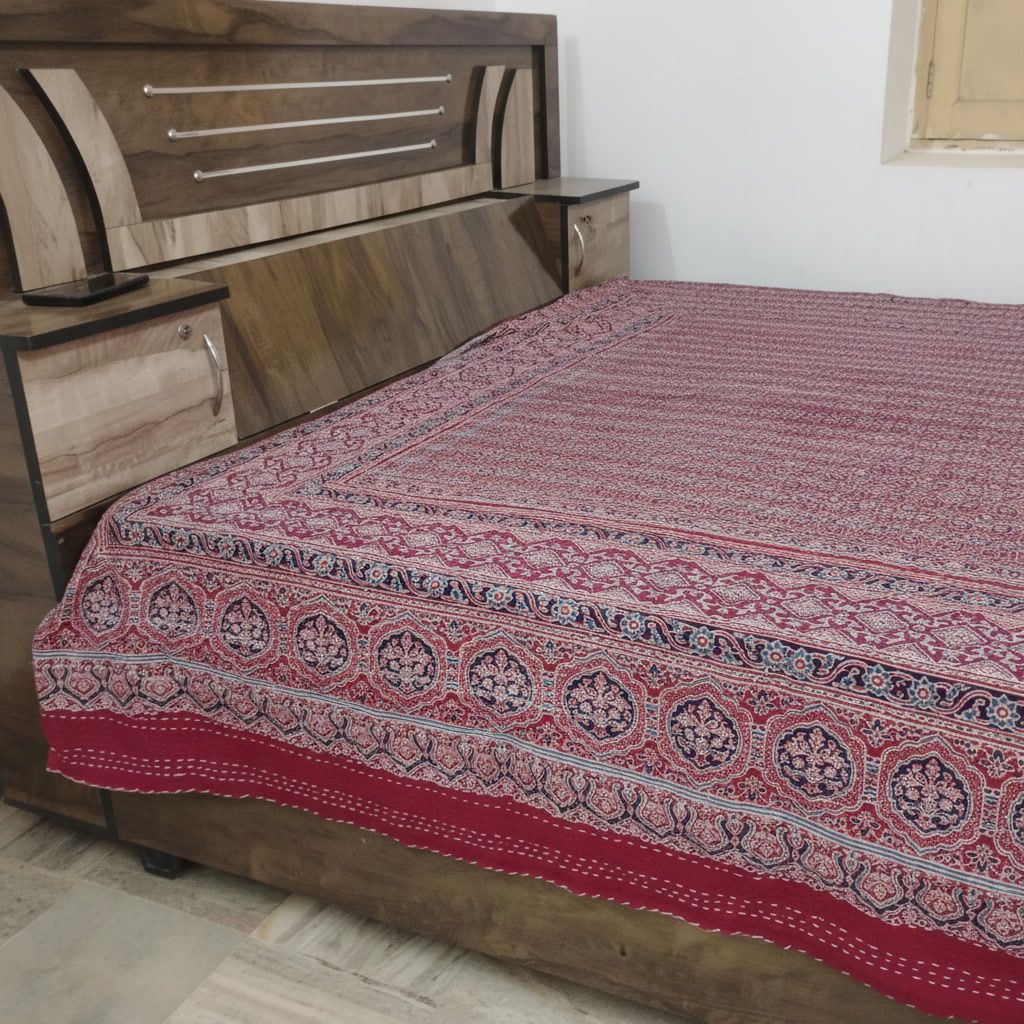 Traditional  Ajrakh Print Cotton Bedsheet with Authentic Handmade Kantha Work (90*108)