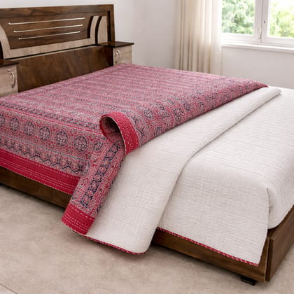  Traditional  Ajrakh Print Cotton Bedsheet with Authentic Handmade Kantha Work (90*108)