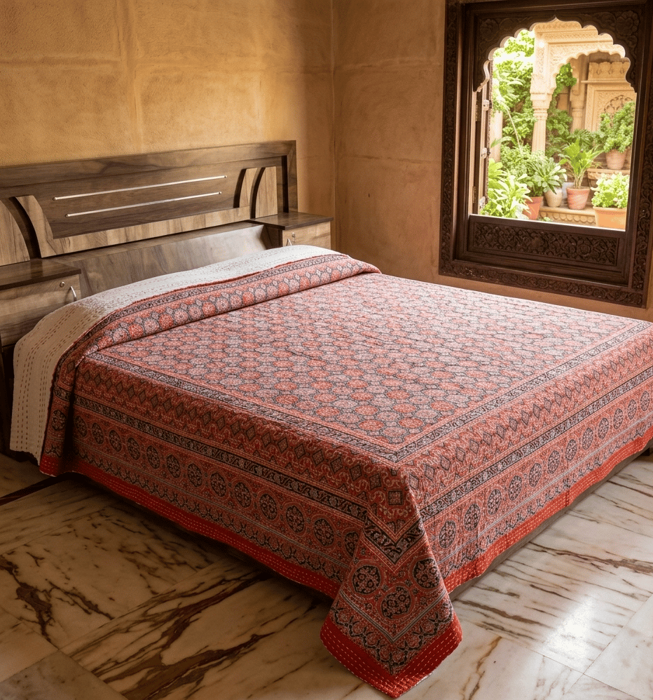 Traditional  Ajrakh Print Cotton Bedsheet with Authentic Handmade Kantha Work (90*108)
