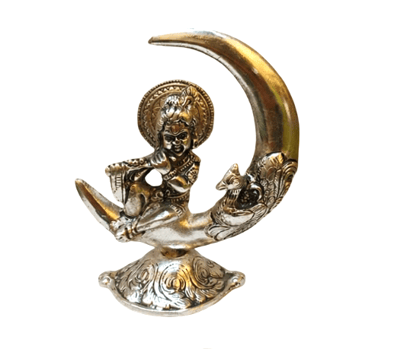 Silver-Plated Lord Krishna on Crescent Moon with Peacock Idol Silver-Plated Lord Krishna on Crescent Moon with Peacock Idol