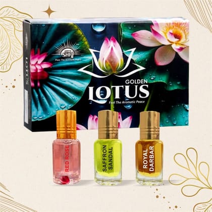 Shri ShriJi Golden Lotus Premium Attar Combo – Pack of 3 (Red Rose, Saffron Sandal, Royal Darbar) | 100% Pure Concentrated Perfume Oil | Long-Lasting & Alcohol-Free | Feel The Aromatic Peace
