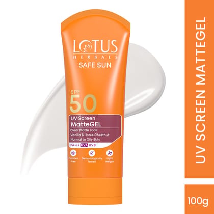 Lotus Herbals Safesun Uv Screen Matte Gel Sunscreen SPF 50 PA+++ In Vivo Tested No White Cast (100g)