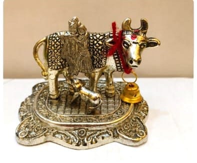 Kamdhenu Cow & Calf Metal Figurine with Bell