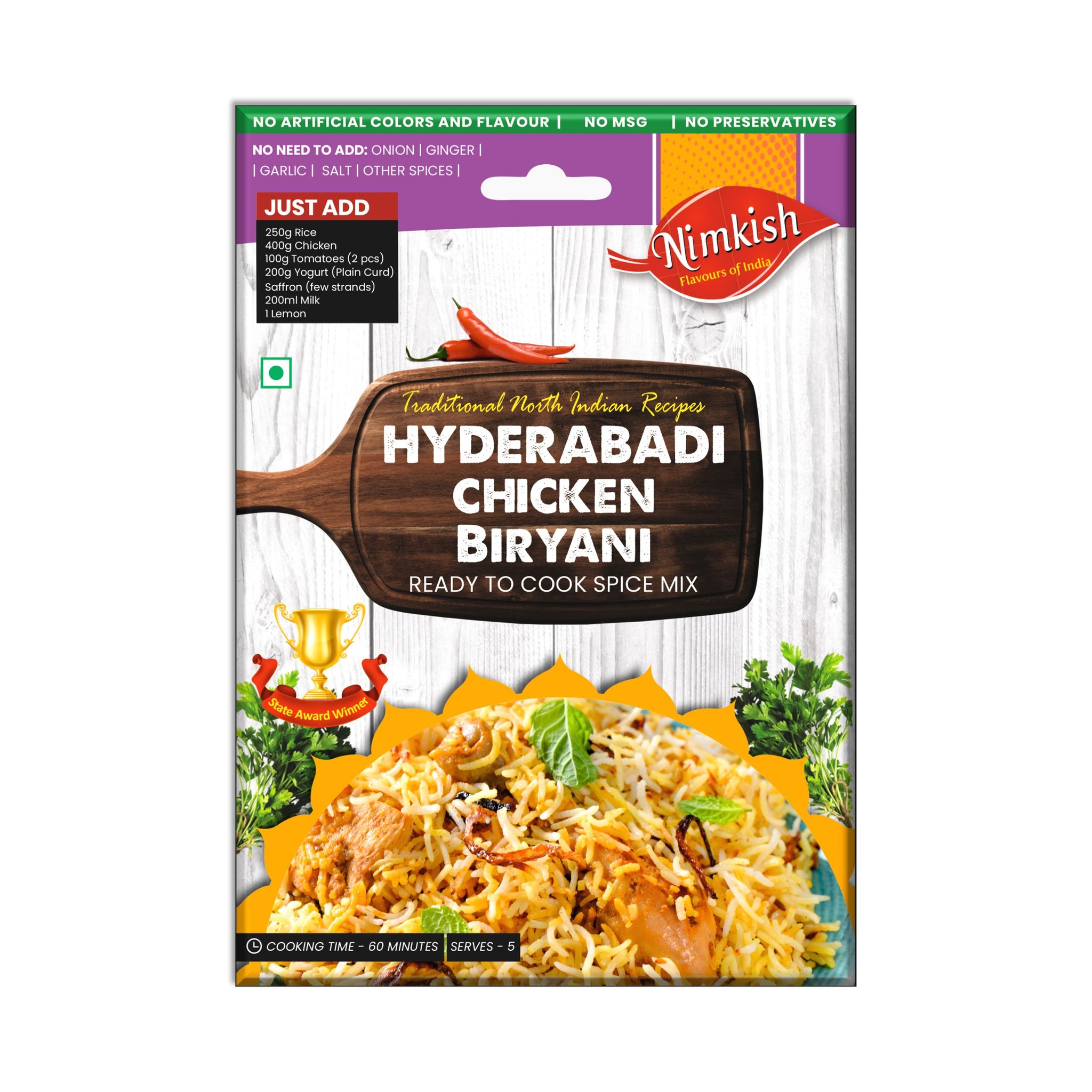 Nimkish Hyderabadi Chicken Biryani Ready to Cook Spice Mix | 40g | Onion Ginger Garlic Already in Mix 
