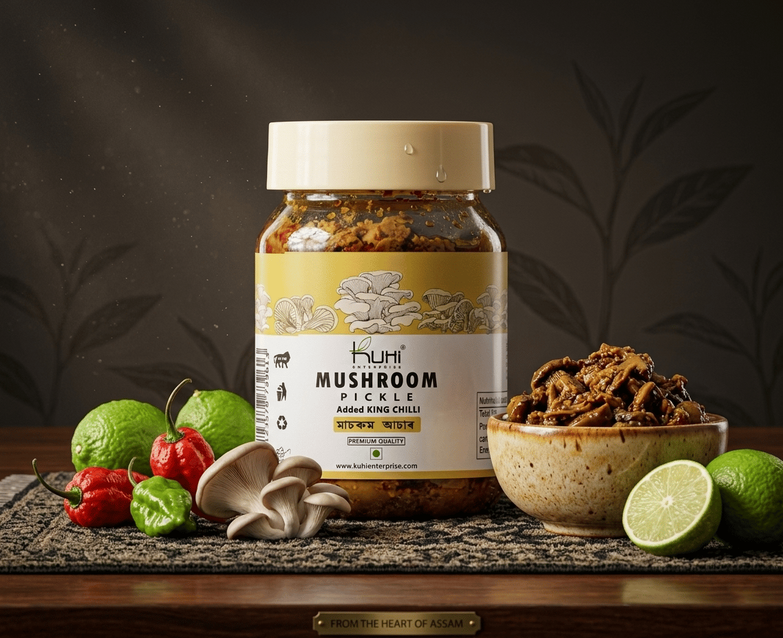 Kuhi Enterprise Oyster Mushroom Pickle made with Naga King Chilli & Assam Lemon Mushroom, Lemon, (200gm)
