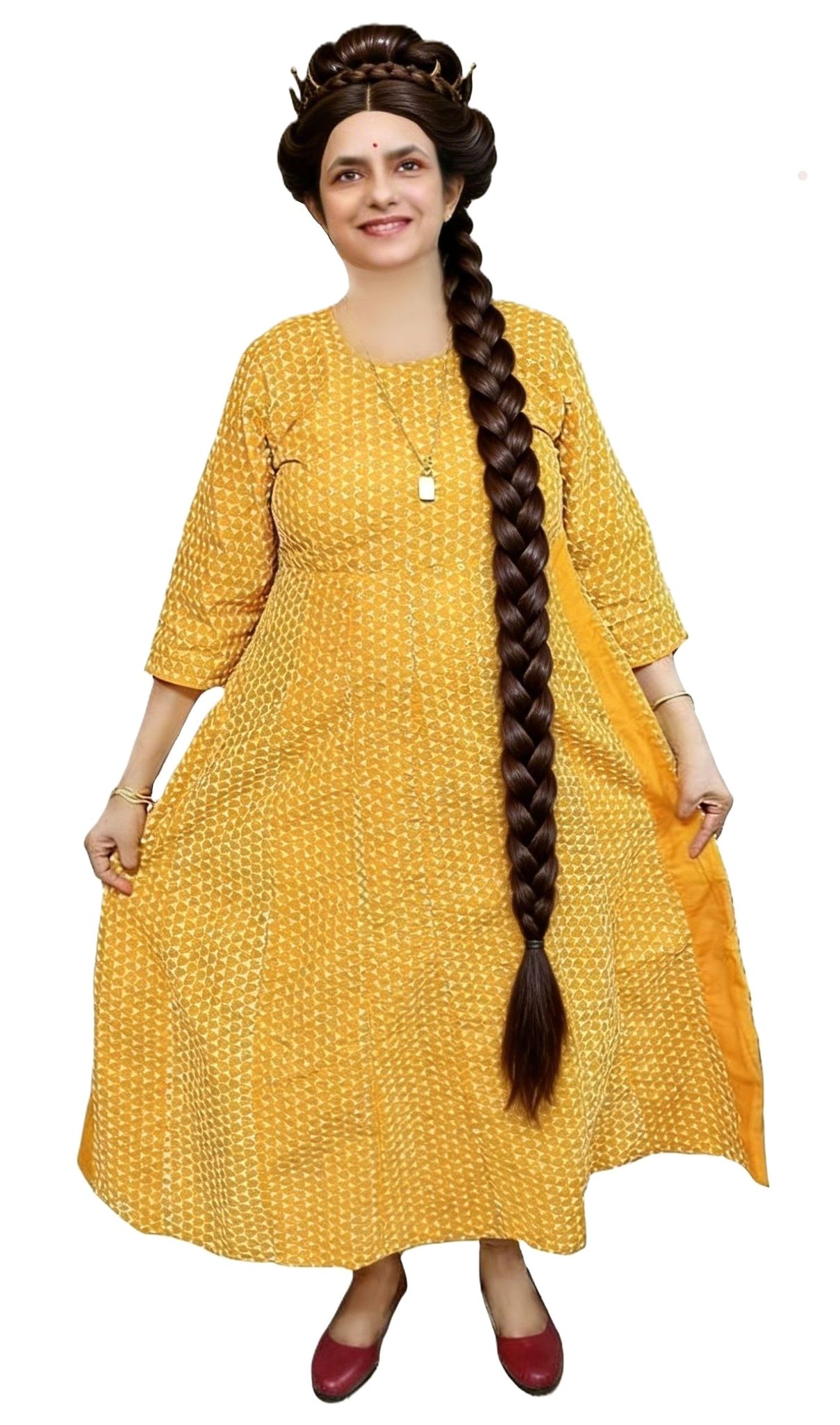Women's Cotton Chikan Embroidered Kurta | Size M | Anarkali Kurti | Mustard Yellow