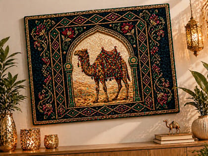 Intricate Beadwork Camel Tapestry Wall Art with Ornate Border