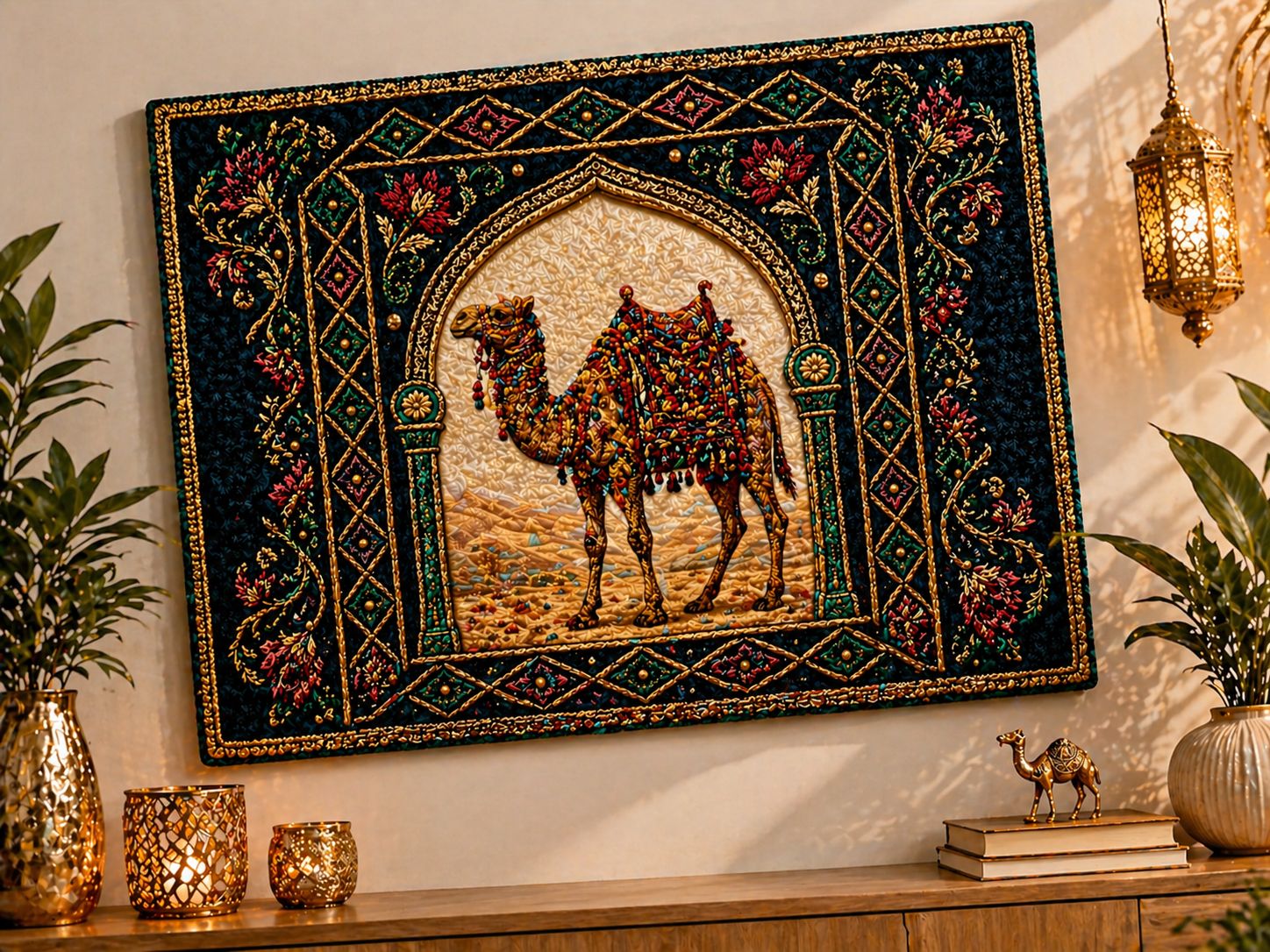 Intricate Beadwork Camel Tapestry Wall Art with Ornate Border