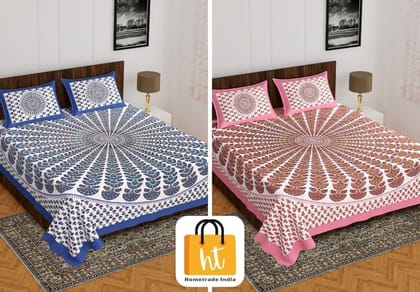 2201-Hometrade India- Standard Double Size (90*100 in )-Combo Jaipuri Double bedsheet With Matching Pillow Cover