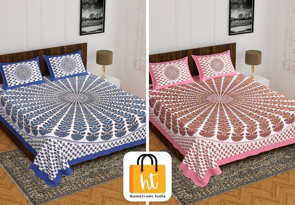2201-Hometrade India- Standard Double Size (90*100 in )-Combo Jaipuri Double bedsheet With Matching Pillow Cover