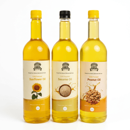 Healthy Cooking Oil Combo (Groundnut + Sunflower + Sesame Oil | 1L Each | Wood Pressed | HRK Farms)