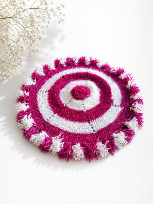 Handmade Crocheted Pink and White Thali Cover with Pompoms