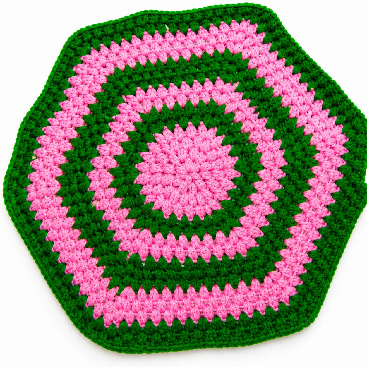 Handmade Hexagonal Crochet Potholder Pink and Green Striped trivet