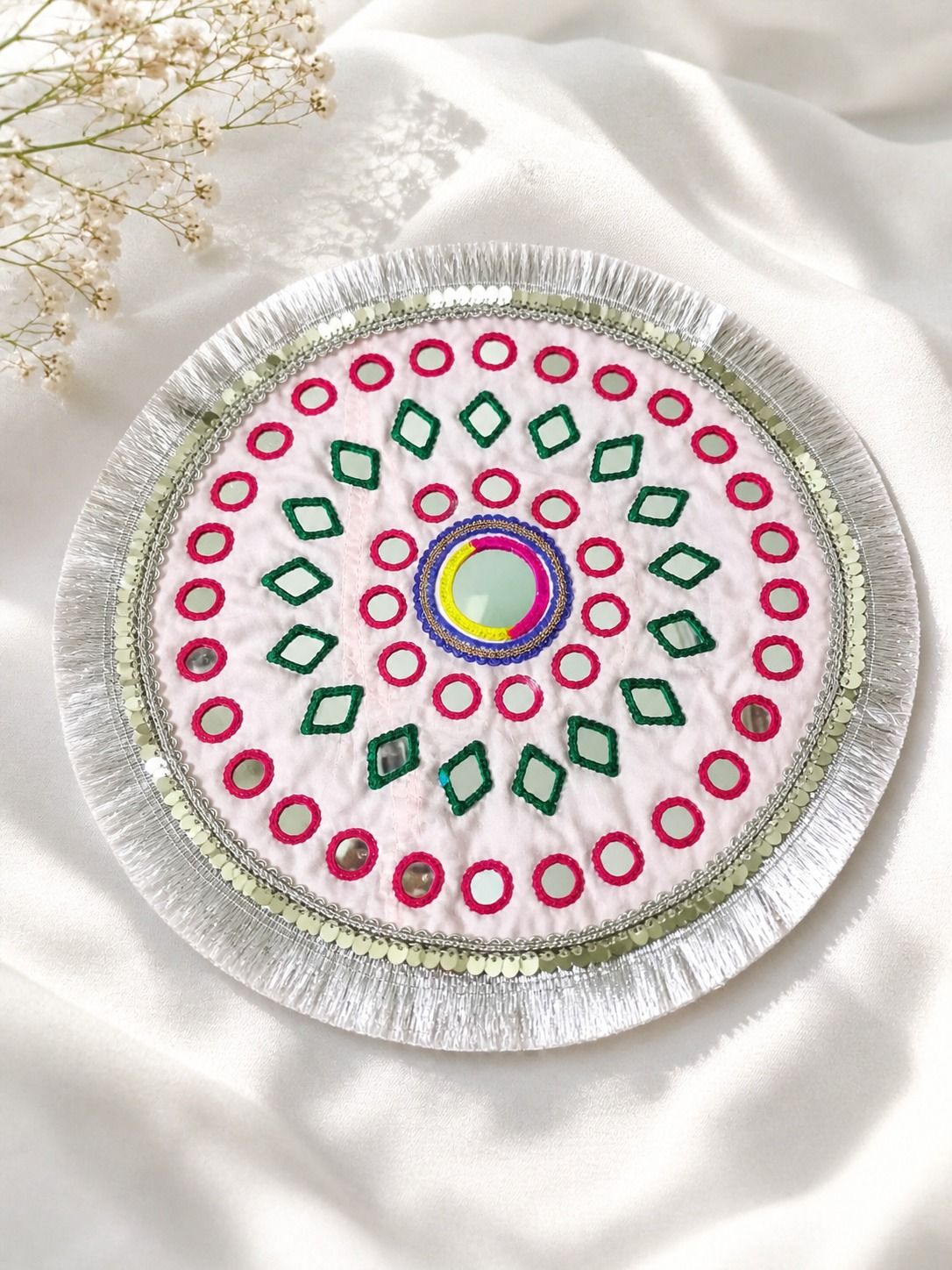 Traditional Embroidered Mirror Work Pooja Thali Cover 