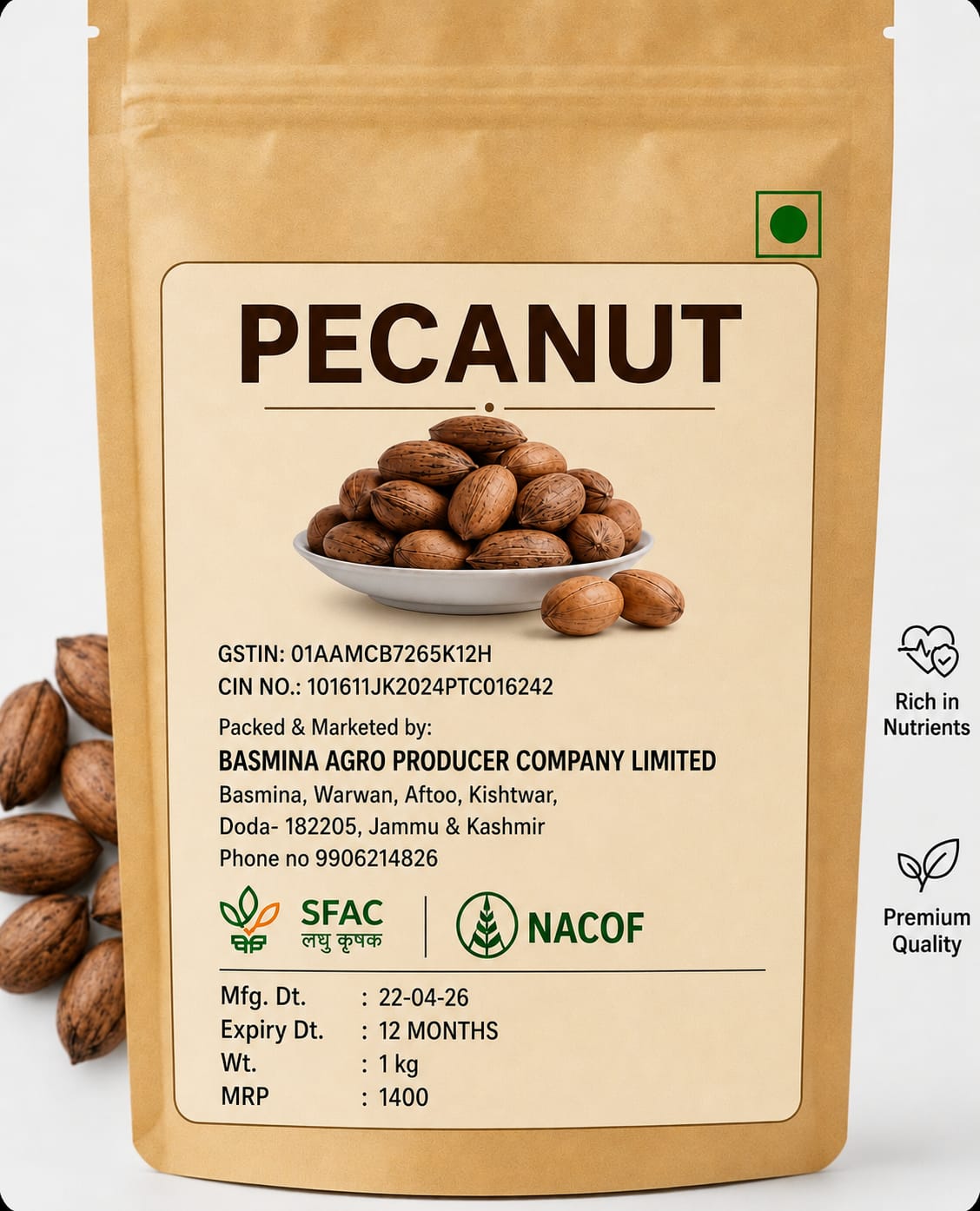Basmina Premium Whole Pecanuts (1kg*5 packet) 5 kg Total 