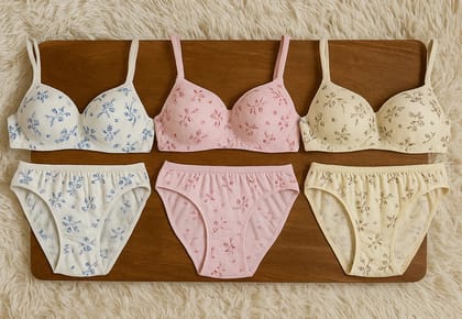 SVAHA Women’s Cotton Blend Bra & Panty Set Pack of 3 | Soft Printed Lingerie Set | Comfortable Everyday Wear | Sizes 28–40