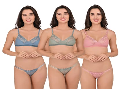 SVAHA Women's Non-Padded Lace Bra and G-String Set (Pack of 3) Multicolor