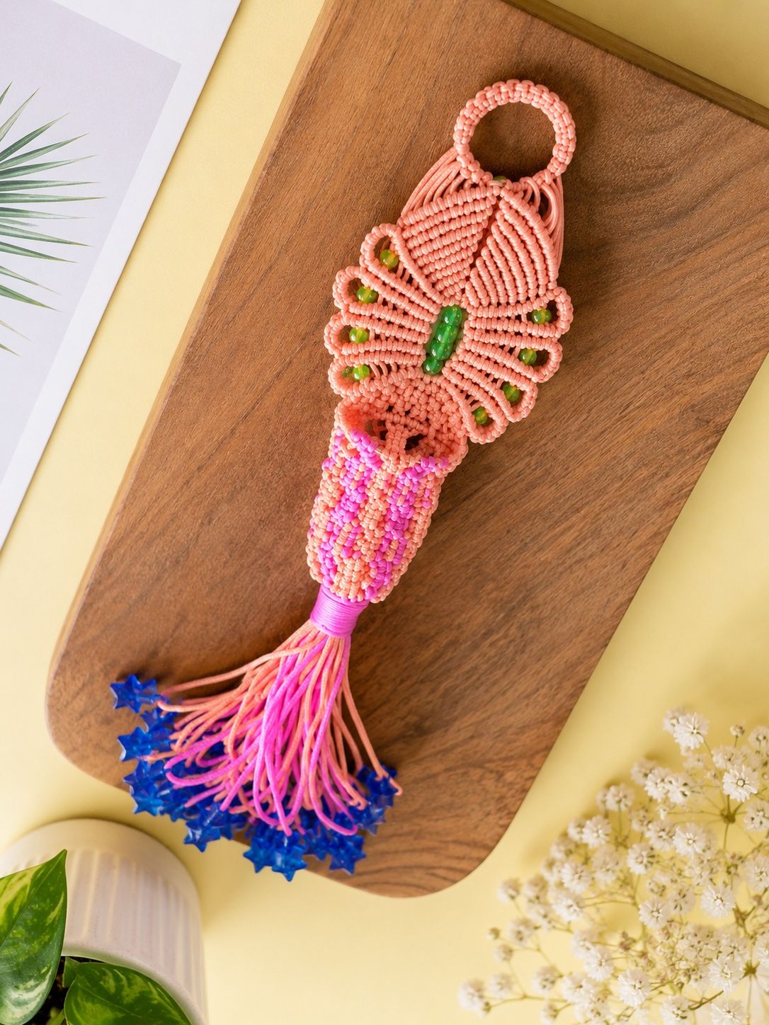 Handmade Macrame Squid Wall Hanging with Glass and Acrylic Beads