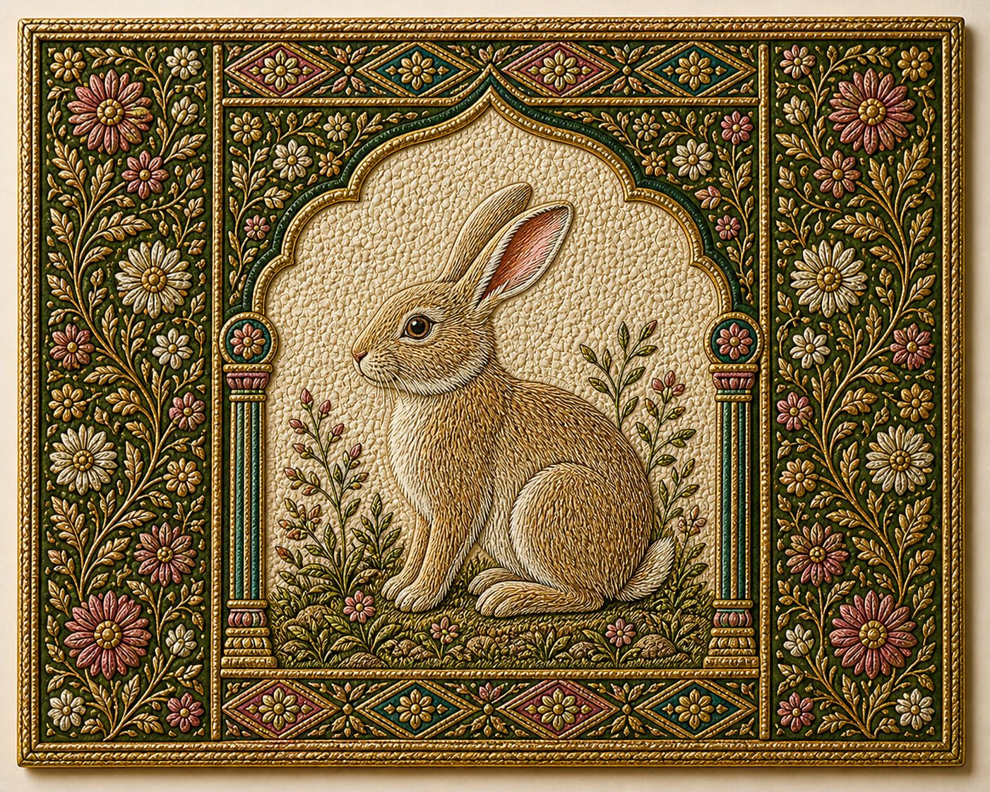 Ornate Golden Rabbit Relief Wall Art Panel