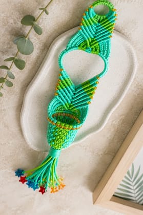 Handmade Macrame Mini Plant Hanger Teal & Green with Colorful Beads