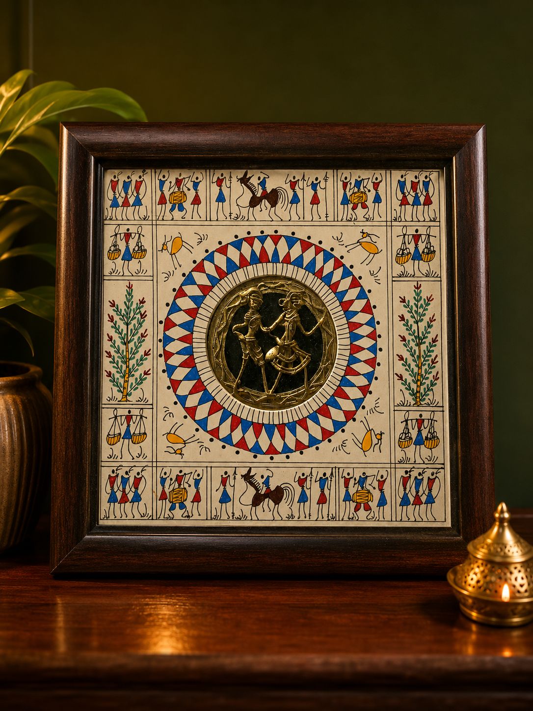 Hand-painted Tribal Art Frame with Dhokra Metal Figure