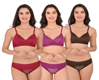 SVAHA Women’s Hosiery Net Lace Bra & Panty Set Pack of 3 | Soft Stretch Lingerie Combo | Stylish Everyday Innerwear | Sizes 28–40