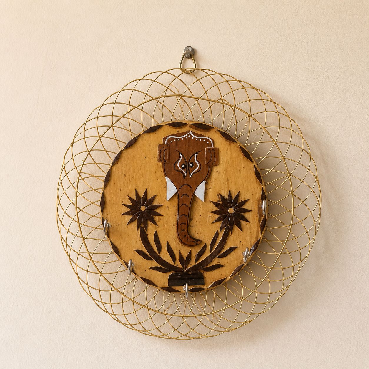 Handmade Wooden and Metal Elephant Wall Mount Key Holder