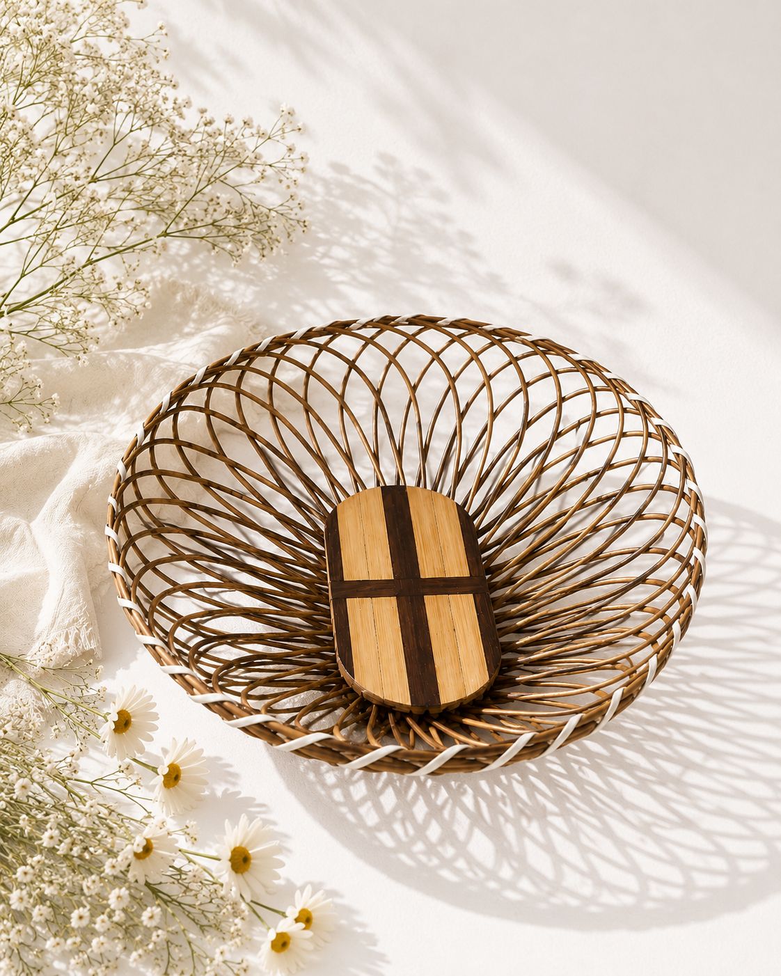 Hand-Woven Brown Bamboo and Wood Decorative Bowl