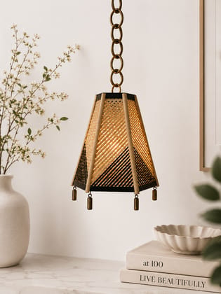 Mid-Century Modern Woven Bamboo and Brass Hanging Pendant Light