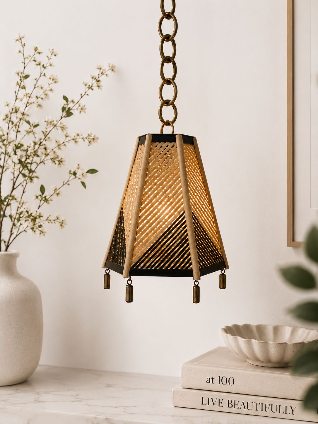 Mid-Century Modern Woven Bamboo and Brass Hanging Pendant Light