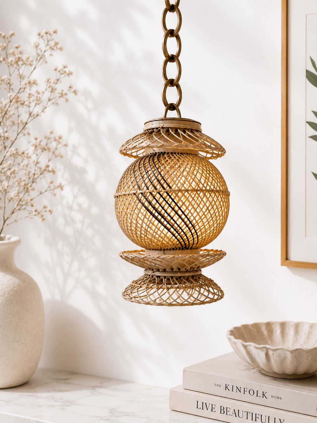 Hand-Woven Rattan Globe Pendant Light with Brass Chain