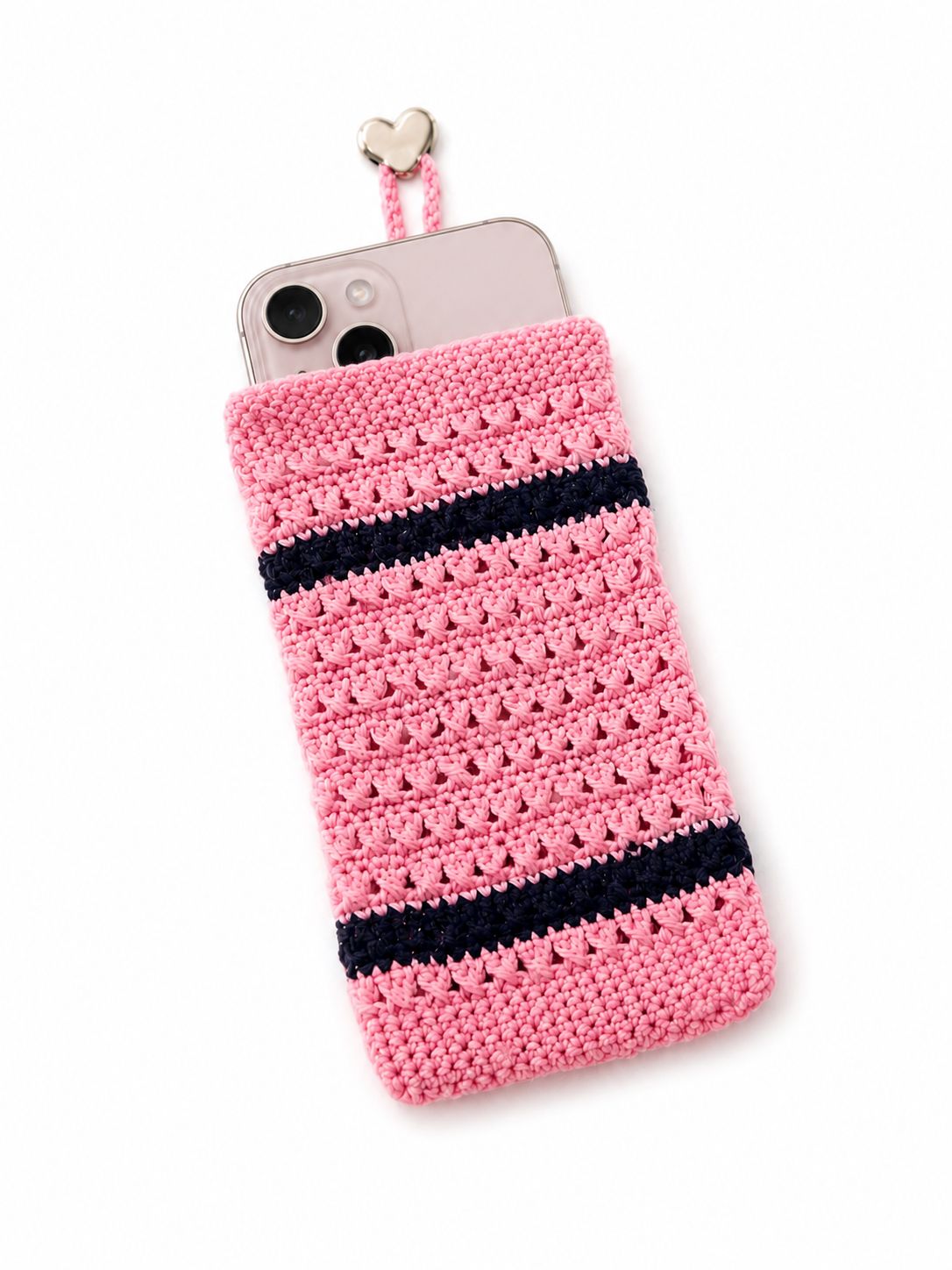 Handmade Pink and Black Striped Crochet Smartphone Pouch