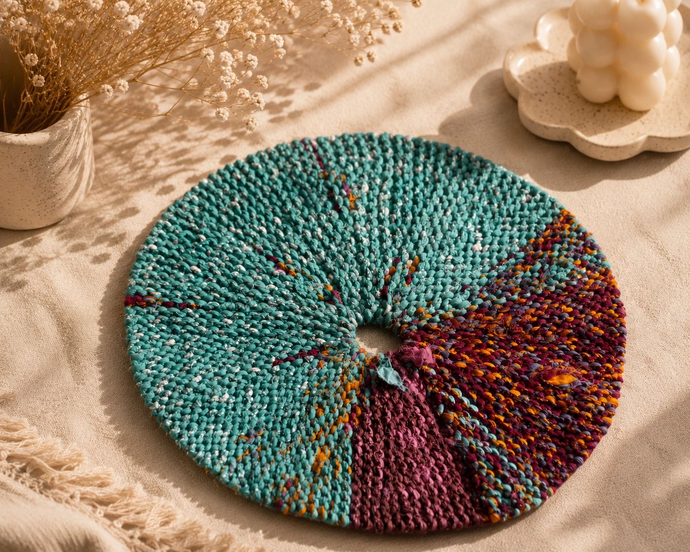 Handmade Multi-Color Woven Round Cotton Rug for Home Decor