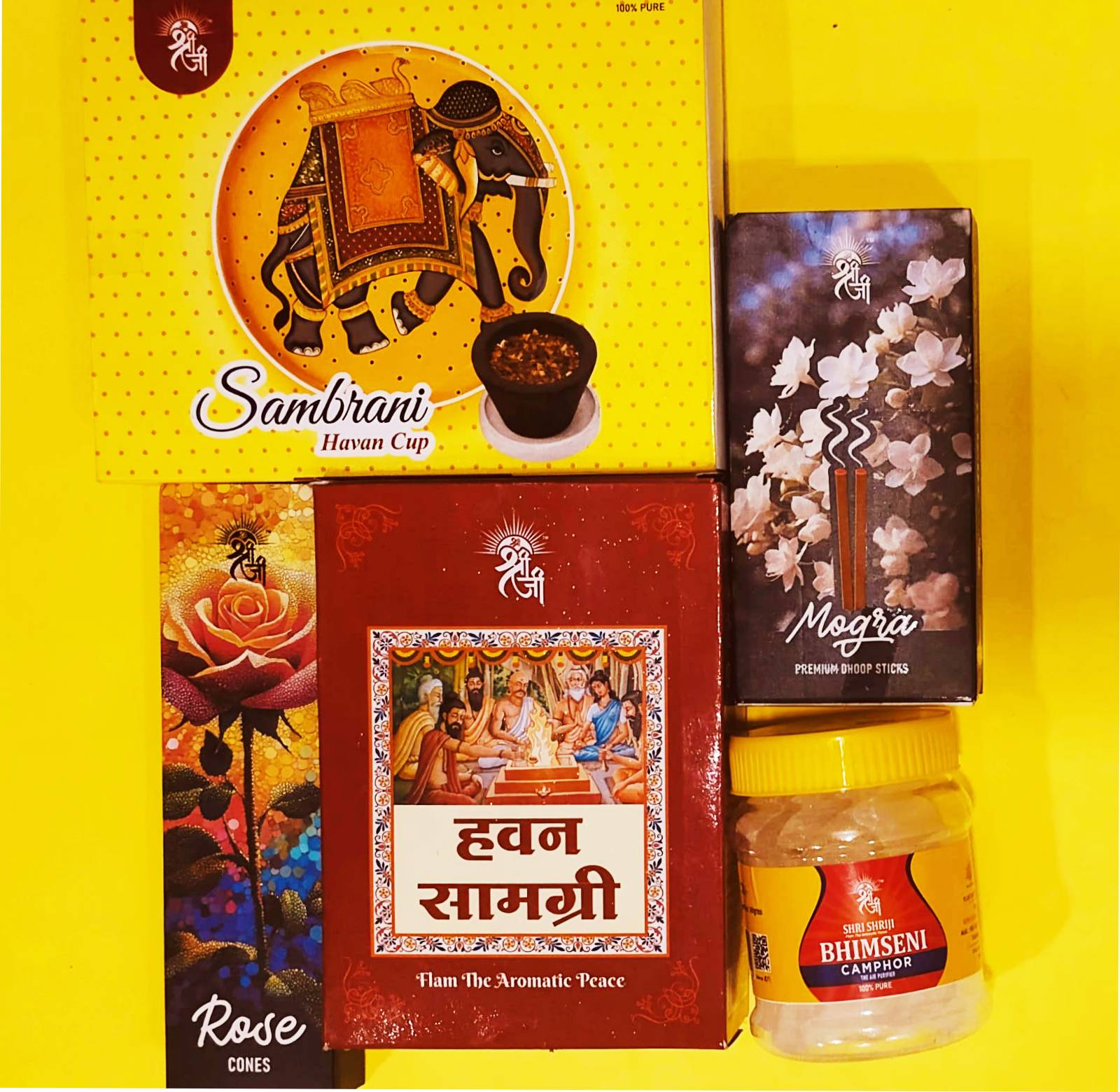 Shri Shriji 5 in 1 Havan Puja Pack with Rose Dhoop Cones 100 g, Mogra Dhoop Sticks 100g, Bhimseni Camphor 100g, Havan Samagri 250g, Sambrani Havan Cup 12 Pieces