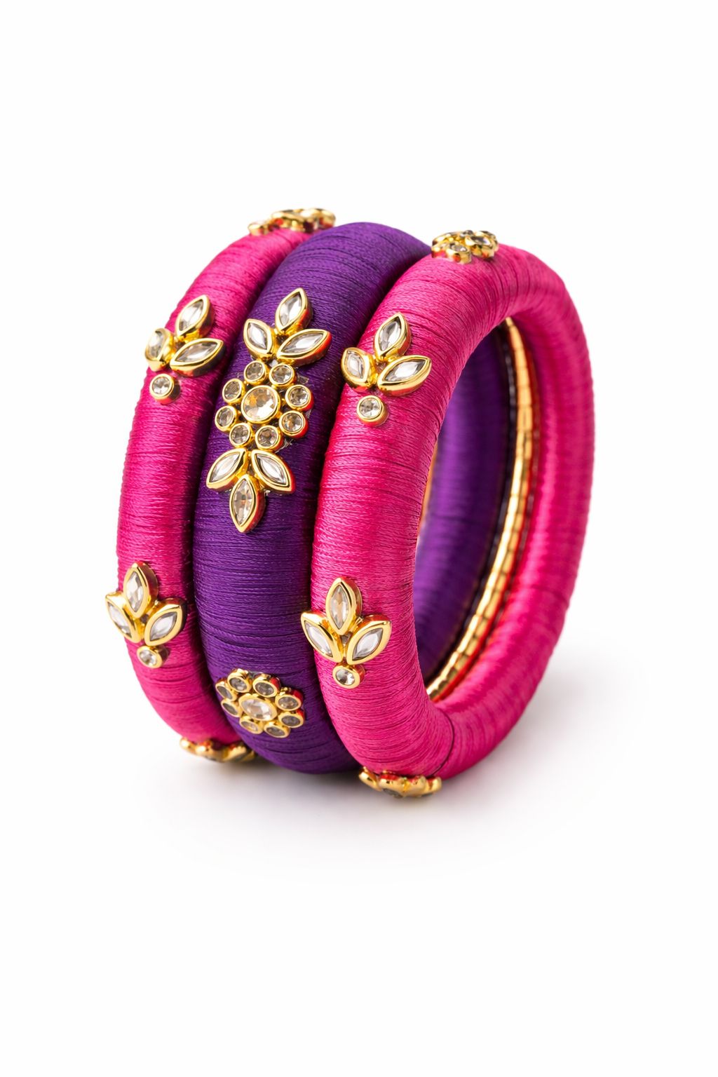Traditional Pink and Purple Silk Thread Kundan Bangle Set for Women