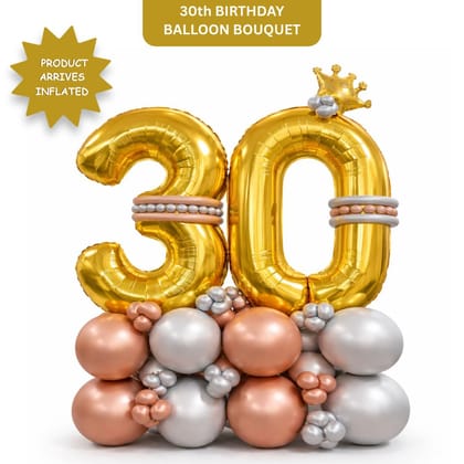 Signature Number 30 Large Golden Balloon Bouquet Arrangement with Small Crown & Silver, Rosegold Latex Balloons